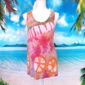 Blue Sky Tie Dye Lace Racerback Tank Large Red